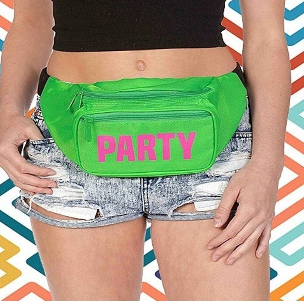 PARTY Halloween Retro 80s Fanny Pack Waist Sling Bag Vibrant Neon Green Hot Pink